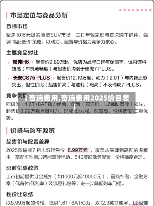 【奇瑞费用,奇瑞费用2025价目表】